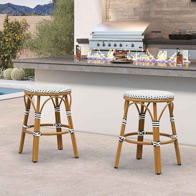 PURPLE LEAF Patio French Round Counter Stool Set of 2 Large 26" Rattan Backless Barstool Bamboo Print Aluminum Frame with Woven Wicker for Indoor Outdoor Island Bar Chair White and Black