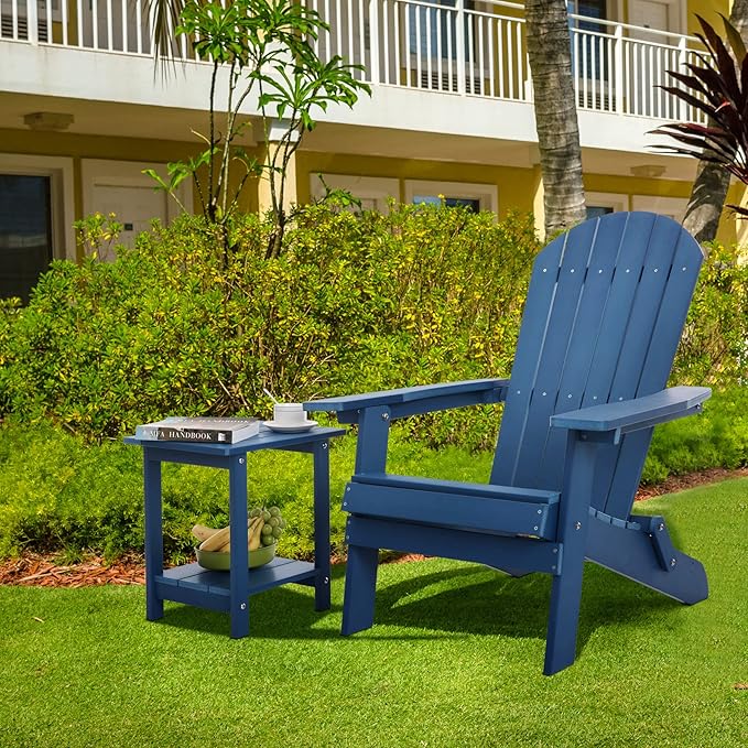 Melucivi Folding Adirondack Chair Weather Resistant Patio Chairs with Cup Holder, Plastic Adirondack Chairs for Outdoor, Backyard, Fire Pit, Deck, Garden, Campfire, Dark Blue