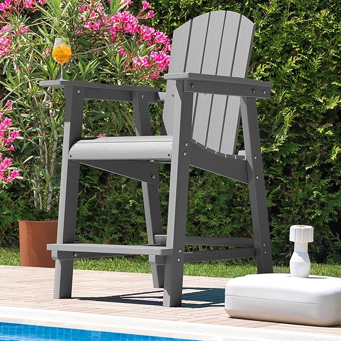 DWVO 25" Tall Adirondack Chair, HIPS Bar Stools Outdoor Seating High Back Outdoor Chairs Lifeguard Chair, Ideal for Deck, Pool, Patio, Porch, Balcony, Gray