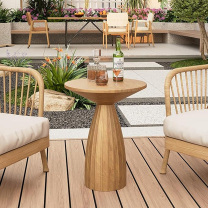Metal Small Patio Table, Round Outdoor Side Table, Wood Color Outdoor Accent End Table, Patio Furniture, for Garden, Pool, Yard, Balcony, Living Room, Deck, Weather Resistant, No Assembly