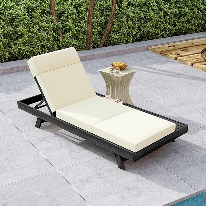 Christopher Knight Home Dami Patio Chaise Lounge Chair Outdoor with 4'' Foldable Cushion, Acacia Wood Poolside Sun Lounger, Space Available On One Side, Adjustable Backrest Pool Lounger, Black + Beige
