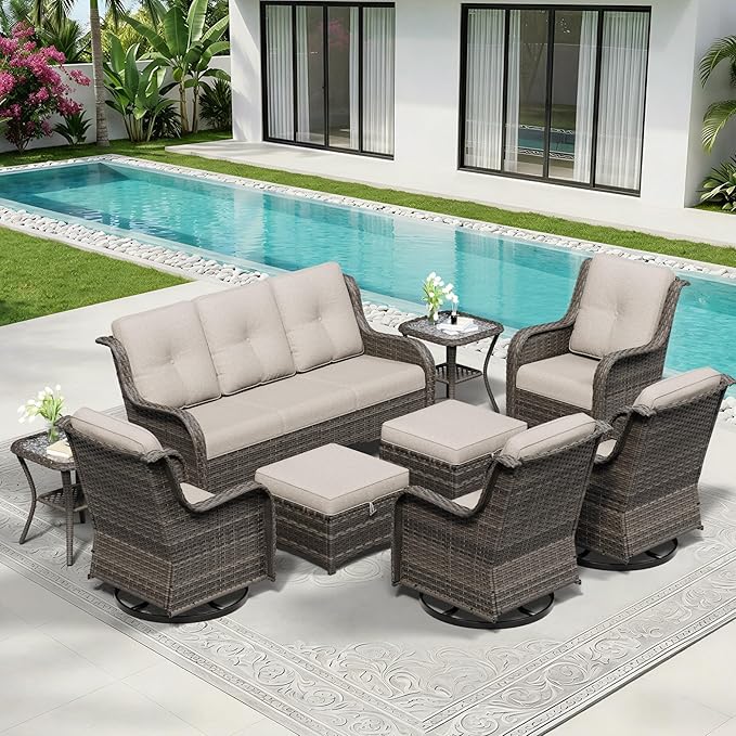 9 Piece Outdoor Wicker Patio Furniture Set, Outdoor Swivel Rocker Patio Chairs Set with Thickened Olefin Cushions - Photo 8