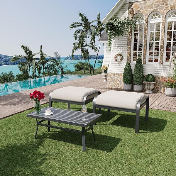 HOMREST Metal Outdoor Ottoman, 3-Piece Aluminum Footstool w/Removable Cushion - Photo 1