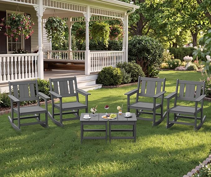 SERWALL HDPE Outdoor Rocking Chairs Set of 6, All Weather 4 Porch Rockers with 2 Side Tables - Photo 1