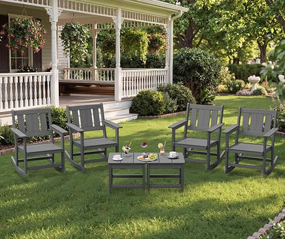 SERWALL HDPE Outdoor Rocking Chairs Set of 6, All Weather 4 Porch Rockers with 2 Side Tables, Waterproof Patio Conversation Set for Fire Pit, Garden, Backyard, Grey