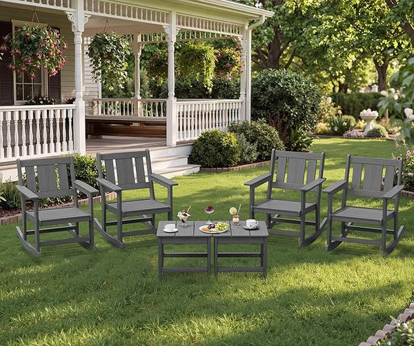 SERWALL HDPE Outdoor Rocking Chairs Set of 6, All Weather 4 Porch Rockers with 2 Side Tables - Photo 1