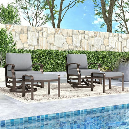 Gotland 4 Piece Patio Set, Metal Outdoor Swivel Chairs Set of 2 with 2 Ottoman 5.1’’ High-Resilience Seat Cushions Removable Cushions, Aluminum Patio Furniture Set for Lawn, Porch, Balcony, Grey
