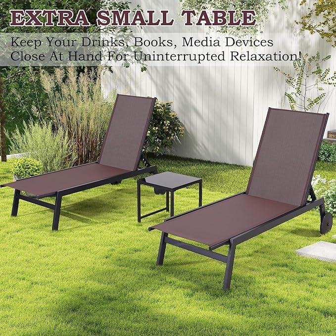 EROMMY Patio Chaise Lounge Chair Set of 2 with Table, Adjustable Backrest & Wheels, Waterproof Outdoor Poolside Recliners for Garden, Deck, Lawn, Backyard