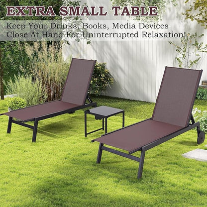 EROMMY Patio Chaise Lounge Chair Set of 2 with Table, Adjustable Backrest & Wheels, Waterproof Outdoor Poolside Recliners for Garden, Deck, Lawn, Backyard