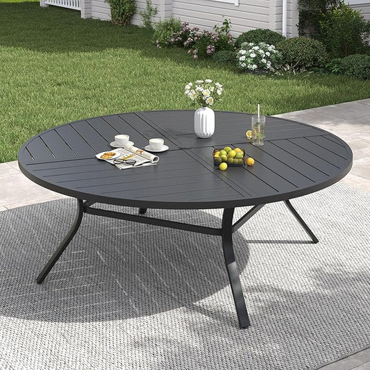 VICLLAX 63" Round Patio Table with Umbrella Hole, All Weather Metal Outdoor Dining Table for 8-10, Outside Table for Lawn Garden, Black