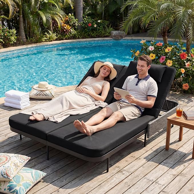 BULEXYARD 51.2" Double Chaise Lounge Outdoor, 2-Person PE Wicker Patio Daybed with Dual 5-Position Adjustable Backrest - Photo 1