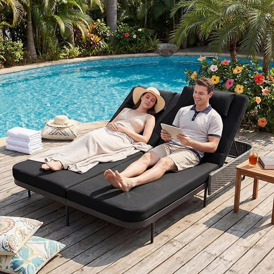 BULEXYARD 51.2" Double Chaise Lounge Outdoor, 2-Person PE Wicker Patio Daybed with Dual 5-Position Adjustable Backrest, Duty Outside Furniture with Thick Cushions for Porch Poolside Garden