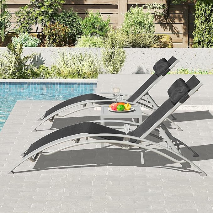 Domi Pool Lounge Chairs Set of 3, Outdoor Chaise Lounge with Side Table - Photo 3
