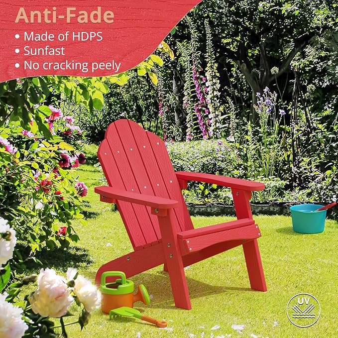 LUE BONA Kids Adirondack Chair Set of 4, Red Poly Lumber Plastic Weather Resistant Kids Outdoor Patio Lounge Chair for Balcony, Backyard