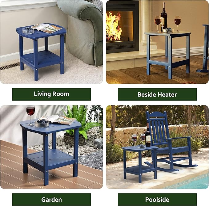 TORVA Patio Adirondack Side Table, Outdoor End Tables All-Weather Resistant HDPE Humidity-Proof Long Time Use for Deck, Lawn,Garden, Porch, Backyard End Table（Navy Blue）(2 Tier)