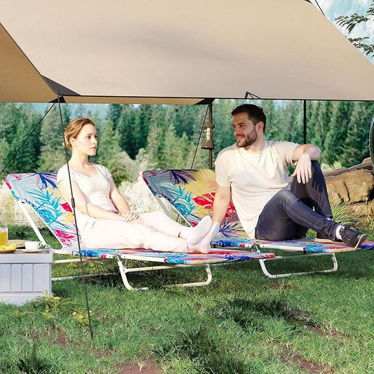 GYMAX Tanning Chair, 2Pcs Folding Beach Chairs with Adjustable Backrest, Footrest, 330lbs Capacity & Shoulder Strap, Portable Layout Sunbathing Loungers for Outside, Patio, Poolside (Colorful Leaves)
