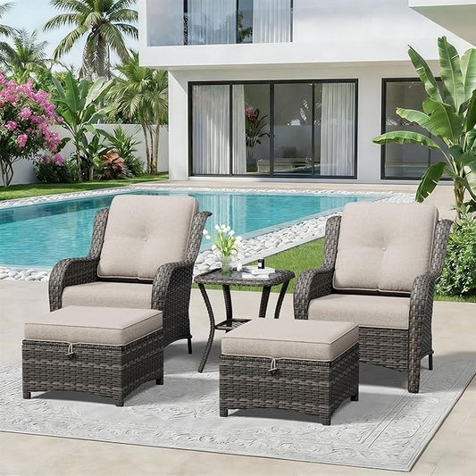5 Piece Outdoor Wicker Patio Furniture Set, Patio Chairs Set with Thickened Olefin Cushions, High Back and Deep Seating, Hand-Woven PE Rattan, Ottoman for Porch, Deck
