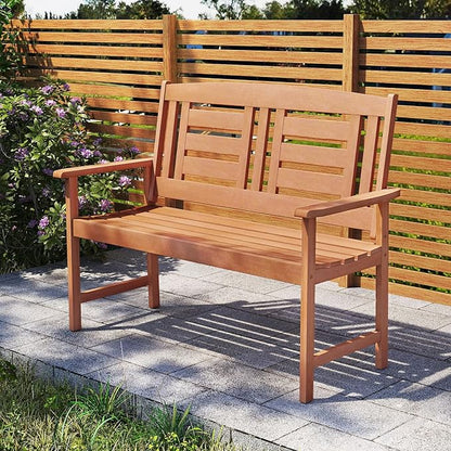 Tangkula Patio Wood Bench, Garden Armrest Loveseat with Inclined Backrest, Wood Grain, Teak Oil Finish, Outdoor 2-Person Bench for Front Porch, Garden, Backyard, Balcony
