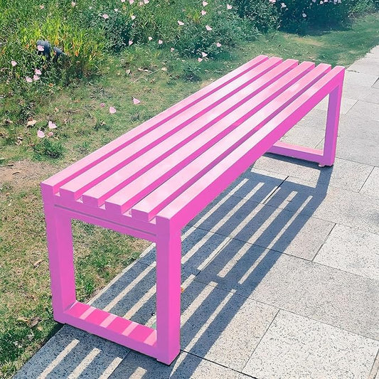 Weatherproof 59in Backless Cast Iron Garden Bench - Stylish Pink Outdoor Furniture for Patio, Park, Lawn & Front Porch - Durable & Elegant Metal Seating