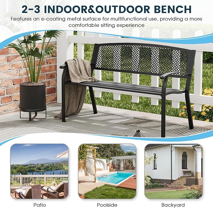 Outdoor Bench, 50 inches Metal Garden Bench, Cast Iron Steel Frame Patio Chairs w/Oval Pattern Backrest for Park, Yard, Porch, Lawn, Balcony, Backyard, Black