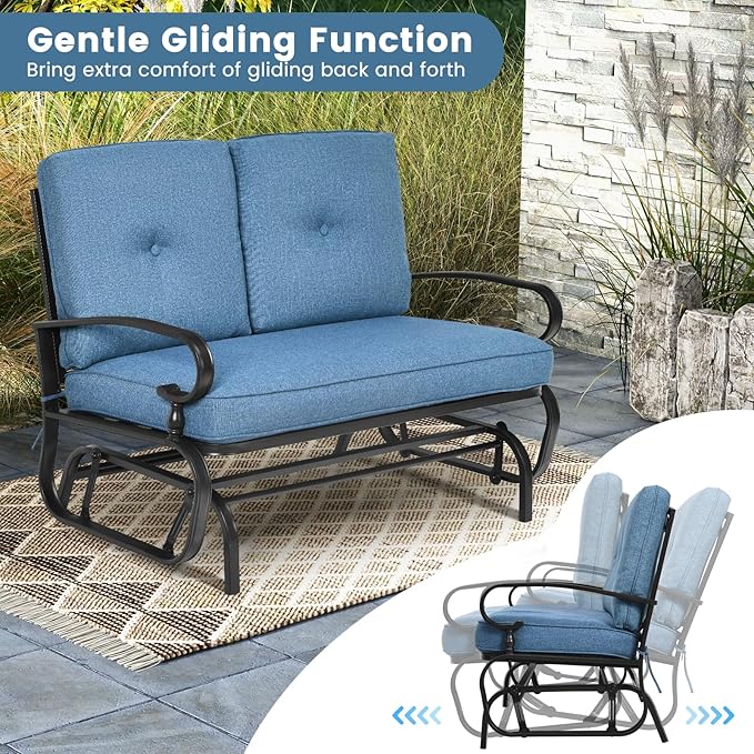 Tangkula Outdoor Swing Glider Chair, Patio Glider Bench for 2 Persons, Outdoor Rocking Loveseat with Steel Frame & Comfortable Cushions for Garden, Porch, Balcony, Poolside (Blue)