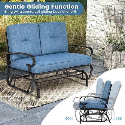 Tangkula Outdoor Swing Glider Chair, Patio Glider Bench for 2 Persons, Outdoor Rocking Loveseat with Steel Frame & Comfortable Cushions for Garden, Porch, Balcony, Poolside (Blue)