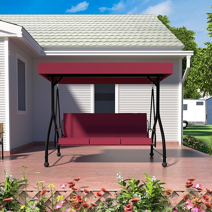 MUPATER 2-in-1 Patio Porch Swing Chair, 3-Seat Outdoor Canopy Swing Glider with Stand and Cushions for Backyard, Deck and Poolside, Wine Red