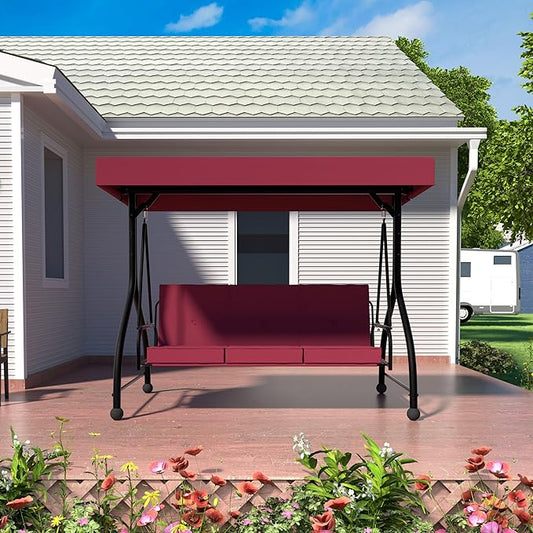 MUPATER 2-in-1 Patio Porch Swing Chair, 3-Seat Outdoor Canopy Swing Glider with Stand and Cushions for Backyard, Deck and Poolside, Wine Red