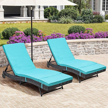 DWVO Outdoor Wicker Chaise Lounge with Cushion, Rattan Poolside Lounge Chair Set of 2 with 5-Position Adjustable Backrest, Removable Cover and Wheels, Blue