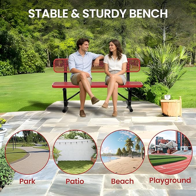 6 Feet Steel Park Bench for Outside, Outdoor Bench with Backrest & Portable Frame, Commercial Benches for Shopping Malls, Stores, Parks, Patios, Decks, Red