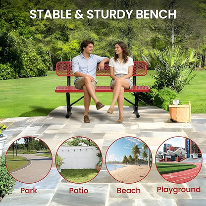 6 Feet Steel Park Bench for Outside, Outdoor Bench with Backrest & Portable Frame, Commercial Benches for Shopping Malls, Stores, Parks, Patios, Decks, Red