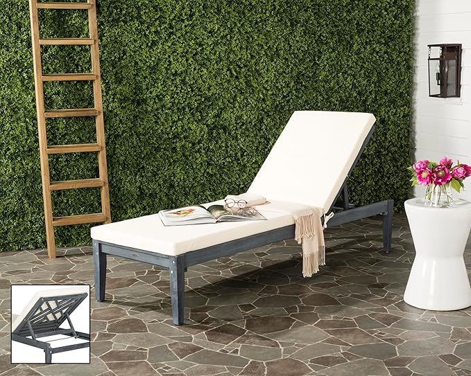 SAFAVIEH Outdoor Collection Azusa Ash Grey Solid Wood/Beige Cushion Adjustable Chaise Lounge Chair (PAT6729B)