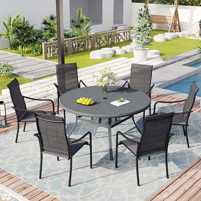 Outdoor Patio Round Dining Table for 6, 47.3" x 47.3" Sleek Aluminum Dining Table with Umbrella Hole for Backyard Garden Lawn Deck, Dark Grey