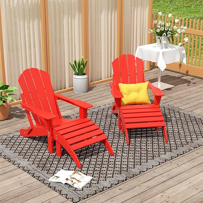 WO Home Furniture Adirondack Chair Outdoor Ottoman Set of 2 PCS Classic Patio Furniture (Red)