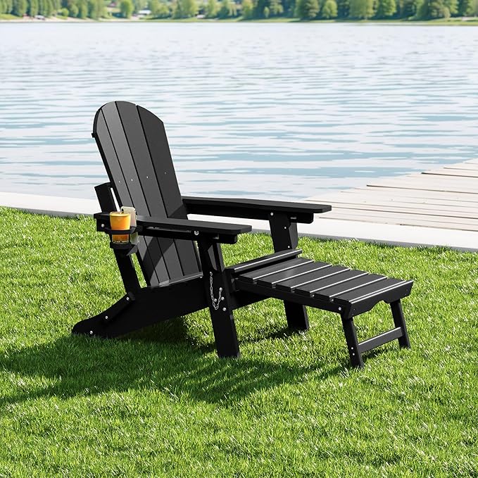 WestinTrends Malibu Folding Adjustable Adirondack Chair with Retractable Ottoman and Cup Holder, Black