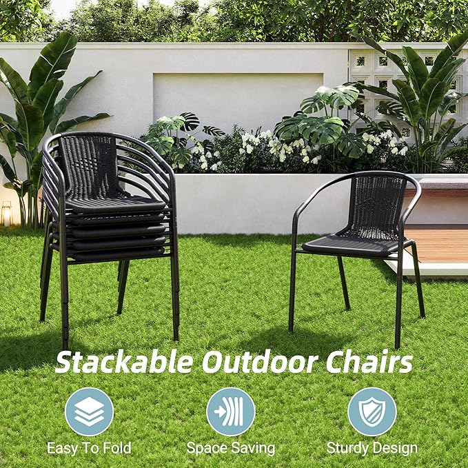 Amopatio Outdoor Dining Chairs Set of 6, Stackable Outdoor Patio Chairs, Rattan Patio Dining Chair, for Bistro, Deck, Yard, Porch, Restaurant, Black