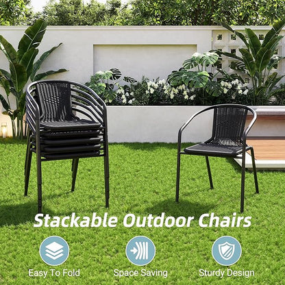 Amopatio Outdoor Dining Chairs Set of 6, Stackable Outdoor Patio Chairs, Rattan Patio Dining Chair, for Bistro, Deck, Yard, Porch, Restaurant, Black