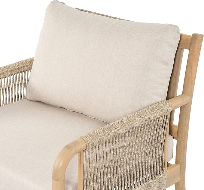 Christopher Knight Home Casper Acacia Wood Lounge Chair Outdoor with Removable Cushion, Wooden Patio Accent Chair with Woven Rope Details, Outdoor Armchair for Patio Furniture Set, Light Teak+Beige