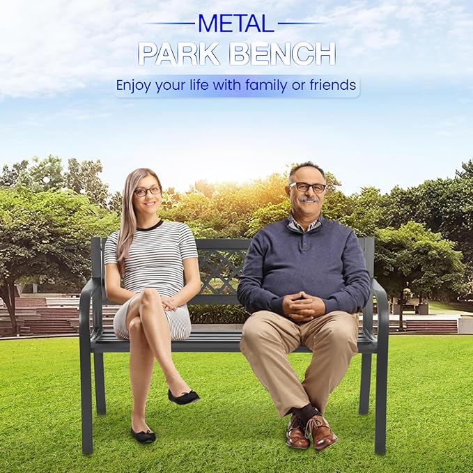 24/7 Shop at Home Lance 46 Inch Modern Metal Outdoor Bench with Back, All Weather Resistant and Non-Slip Footrest, Front Porch Furniture for Yard, Lawn, Park, Patio, Garden Chair, Black