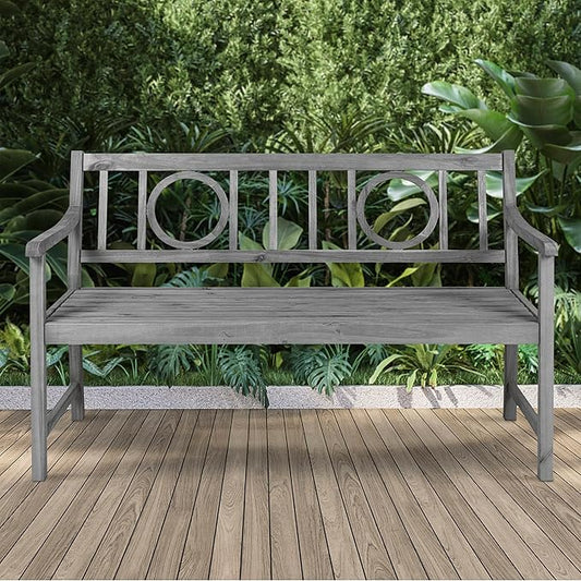 Eyely HNB104B Giana 51.2" 3-Seat Circle-Back 600-Lbs Support Acacia Wood Outdoor Garden Patio Bench for Garden, Lawn, Backyard, Pool, Deck, Beach, Firepit, Gray