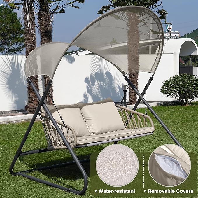 2-Seat Outdoor Porch Swing, Patio Swing with Canopy, Hanging Glider Bench with Thicken Cushions and Pillow - Photo 3