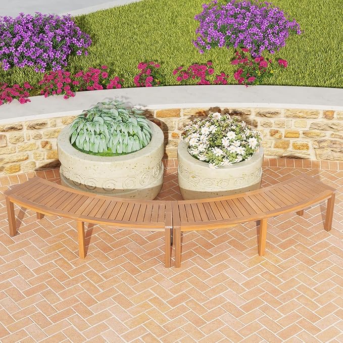 RELAX4LIFE Wooden Outdoor Curved Bench - Acacia Wood Garden Bench w/Slatted Seat, 2-Person Outside Backless Seating for Porch Backyard Deck Park, 800 LBS Load Capacity, Patio Fire Pit Bench (1, 58'')