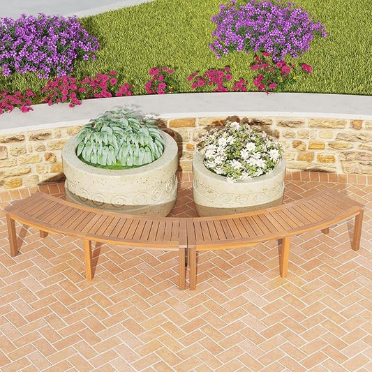 RELAX4LIFE Wooden Outdoor Curved Bench - Acacia Wood Garden Bench w/Slatted Seat, 2-Person Outside Backless Seating for Porch Backyard Deck Park, 800 LBS Load Capacity, Patio Fire Pit Bench (2, 58'')