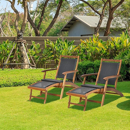 HAPPYGRILL Acacia Wood Chaise Lounge With Retractable Footrest - Rattan Wicker Folding Collapsible Chair for Poolside, Patio, Garden, Porch