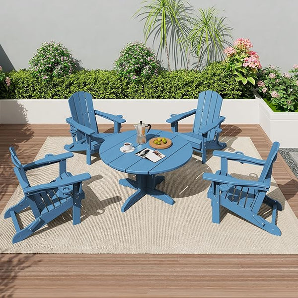 SERWALL Outdoor Round Coffee Table Set, 5-Piece Outdoor Coffee Table and Adirondack Chair with Cup Holders Blue - Photo 1