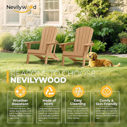 nevilywood HDPE Foldable Fire Pit Chairs Set of 2 with Cup Holders, Wood Grain, Durable Design, Perfect for Patio, Backyard & Outdoor Gatherings, Teak