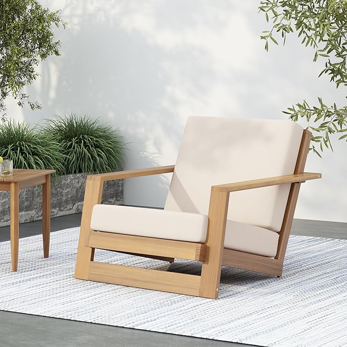 Christopher Knight Home Fayah Acacia Wood Lounge Chair Outdoor, Wooden Patio Armchair for Lounging, Patio Furniture Single Sofa Chair, Garden/Poolside Comfy Reading Chair with Cushion,Light Teak+Beige