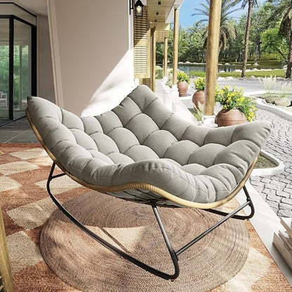 Outdoor Rocking Chair, Indoor Papasan Chair, Oversized Egg Rocking Chair with Thick Cushion, Rattan Wicker Rocker Lounge Chair for Bedroom, Living Room, Patio, Garden, Porch (Light Grey)