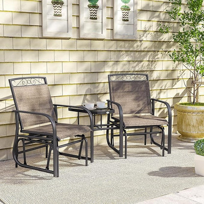 Outsunny Outdoor Glider Chairs with Coffee Table, Patio 2-Seat Rocking Chair Swing with Breathable Sling for Backyard, Garden and Porch, Brown