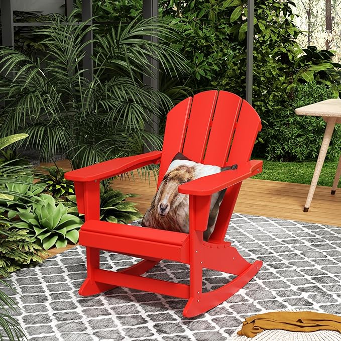 Costaelm Outdoor Adirondack Chair, All Weather Resistant Classic Balcony Chair and Fire Pit Chairs, Adirondack Plastic Outdoor Porch Furniture Rocking Chair High Back HDPE Poly Lumber, Red